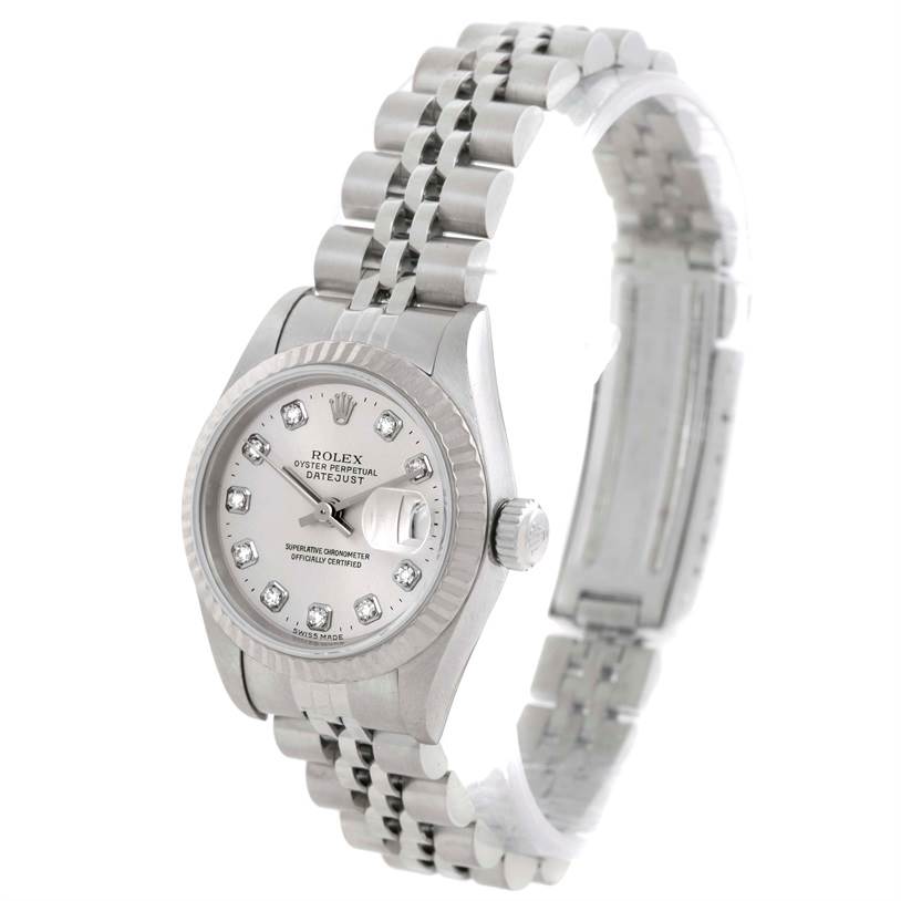 This image shows a Rolex Datejust 79174 Women's Stainless Steel Silver Dial 79174 Women's Stainless Steel Silver Dial watch, displaying the face, bezel, crown, and bracelet from a slight side angle.