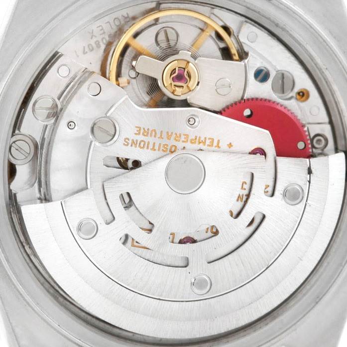 The image shows the movement and inner mechanism of a Rolex Datejust 69173 Women's Stainless Steel Beige Dial 69173 Women's Stainless Steel Beige Dial watch from a close-up, rear angle.