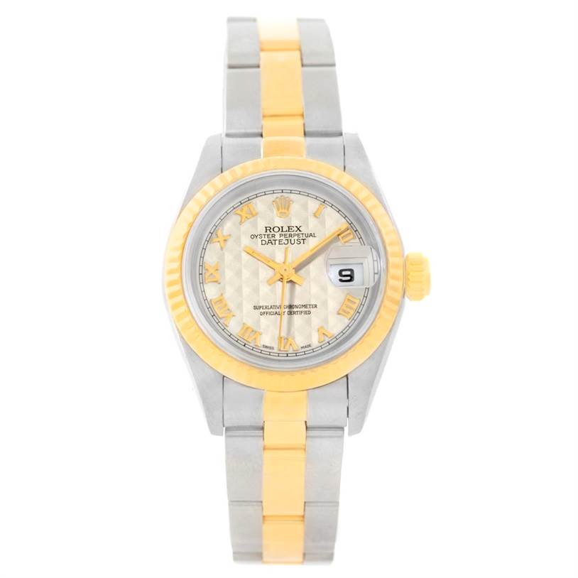 The image shows a Rolex Datejust 69173 Women's Stainless Steel Beige Dial 69173 Women's Stainless Steel Beige Dial watch taken from a front view, highlighting the face, date window, and two-tone bracelet.