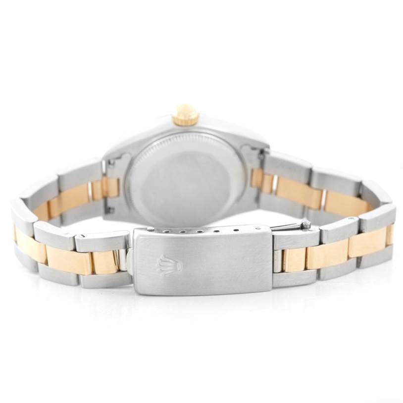 This image shows the back of a Rolex Datejust 69173 Women's Stainless Steel Beige Dial 69173 Women's Stainless Steel Beige Dial watch, highlighting its clasp, case back, and two-tone bracelet.