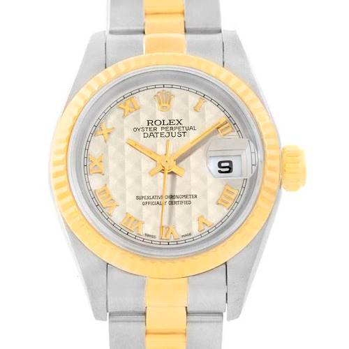 Photo of Rolex Datejust Ladies Steel Yellow Gold Ivory Pyramid Dial Watch 69173