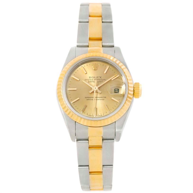 The image shows a Rolex Datejust 69173 Women's Stainless Steel Champagne Dial 69173 Women's Stainless Steel Champagne Dial watch from a front angle, highlighting its stainless steel and gold two-tone bracelet and dial with a date window.