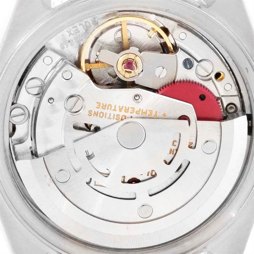 This image shows a close-up of the movement mechanism inside a Rolex Datejust 69173 Women's Stainless Steel Champagne Dial 69173 Women's Stainless Steel Champagne Dial watch.
