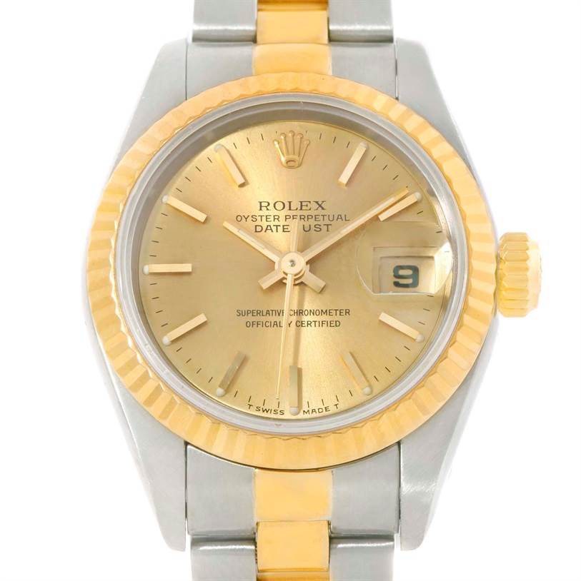 This image shows a frontal view of the Rolex Datejust 69173 Women's Stainless Steel Champagne Dial 69173 Women's Stainless Steel Champagne Dial watch, highlighting its dial, hands, date display, bezel, and part of the bracelet.