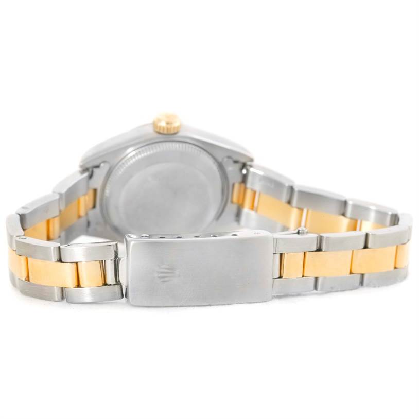 This image shows the back of a Rolex Datejust 69173 Women's Stainless Steel Champagne Dial 69173 Women's Stainless Steel Champagne Dial watch, including the case back, bracelet, and clasp.