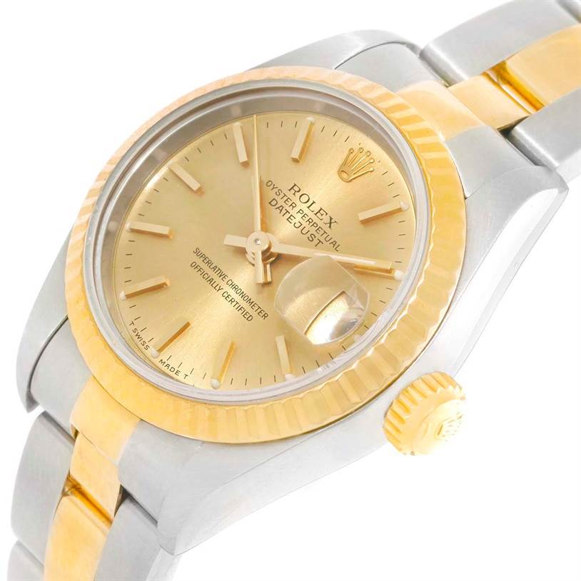 This image shows a tilted view of the Rolex Datejust 69173 Women's Stainless Steel Champagne Dial 69173 Women's Stainless Steel Champagne Dial watch, highlighting its dial, bezel, crown, and part of the bracelet.