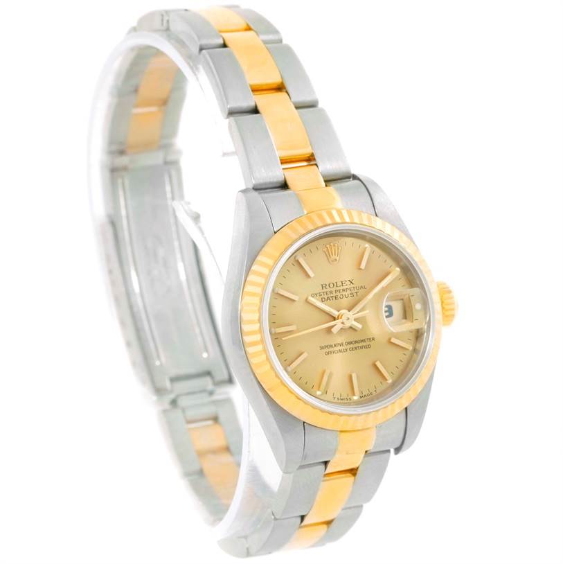 This image shows a Rolex Datejust 69173 Women's Stainless Steel Champagne Dial 69173 Women's Stainless Steel Champagne Dial watch at a three-quarter angle, highlighting the two-tone bracelet, dial, and fluted bezel.