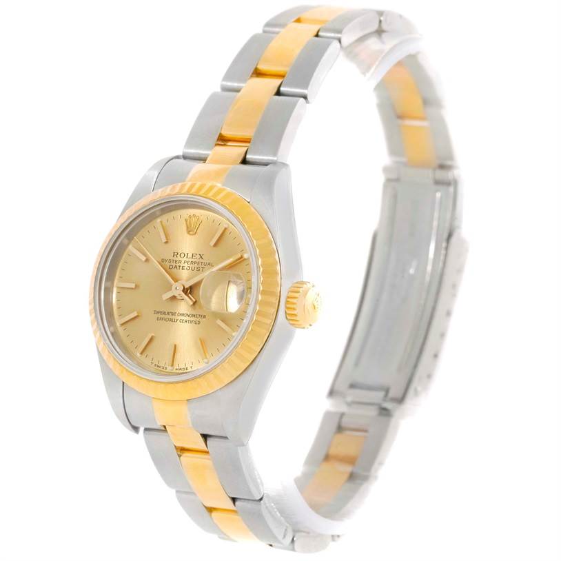 This image shows a Rolex Datejust 69173 Women's Stainless Steel Champagne Dial 69173 Women's Stainless Steel Champagne Dial watch at a three-quarter view angle, displaying the face, dial, and two-tone bracelet.