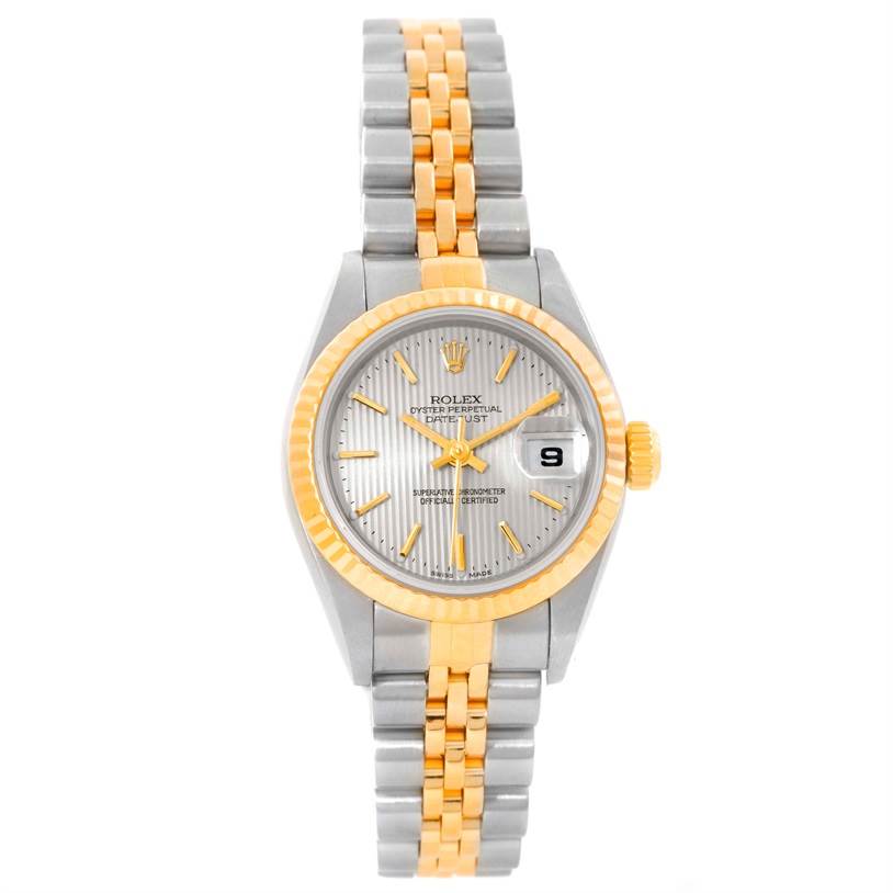 The image shows a front view of a Rolex Datejust 79173 Women's Stainless Steel Silver Dial 79173 Women's Stainless Steel Silver Dial watch with a two-tone band and fluted bezel.