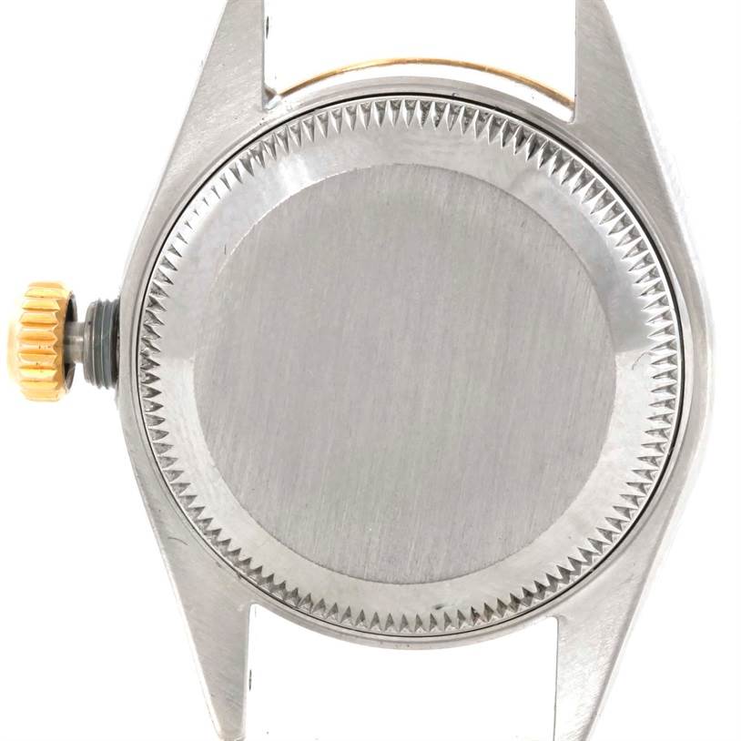 This image shows the case back and crown of a Rolex Datejust 79173 Women's Stainless Steel Silver Dial 79173 Women's Stainless Steel Silver Dial model watch from a rear angle.