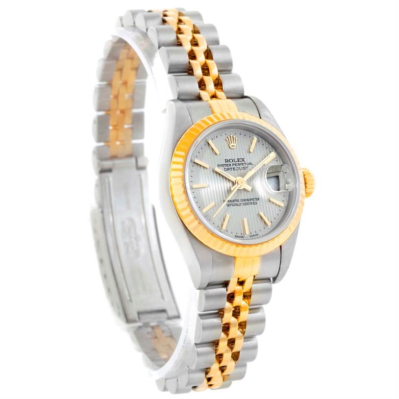This Rolex Datejust 79173 Women's Stainless Steel Silver Dial 79173 Women's Stainless Steel Silver Dial watch is shown at a three-quarter angle, highlighting the face, bezel, and two-tone metal bracelet.