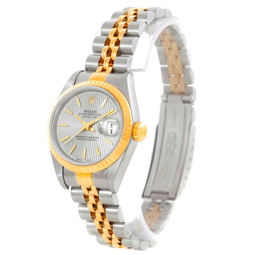 This image shows a side angle of a Rolex Datejust 79173 Women's Stainless Steel Silver Dial 79173 Women's Stainless Steel Silver Dial watch, highlighting its dial, bezel, and two-tone bracelet.