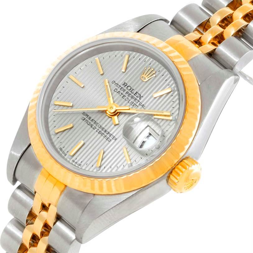 The image shows the face, fluted bezel, crown, and part of the bracelet of a Rolex Datejust 79173 Women's Stainless Steel Silver Dial 79173 Women's Stainless Steel Silver Dial watch from an angled top view.