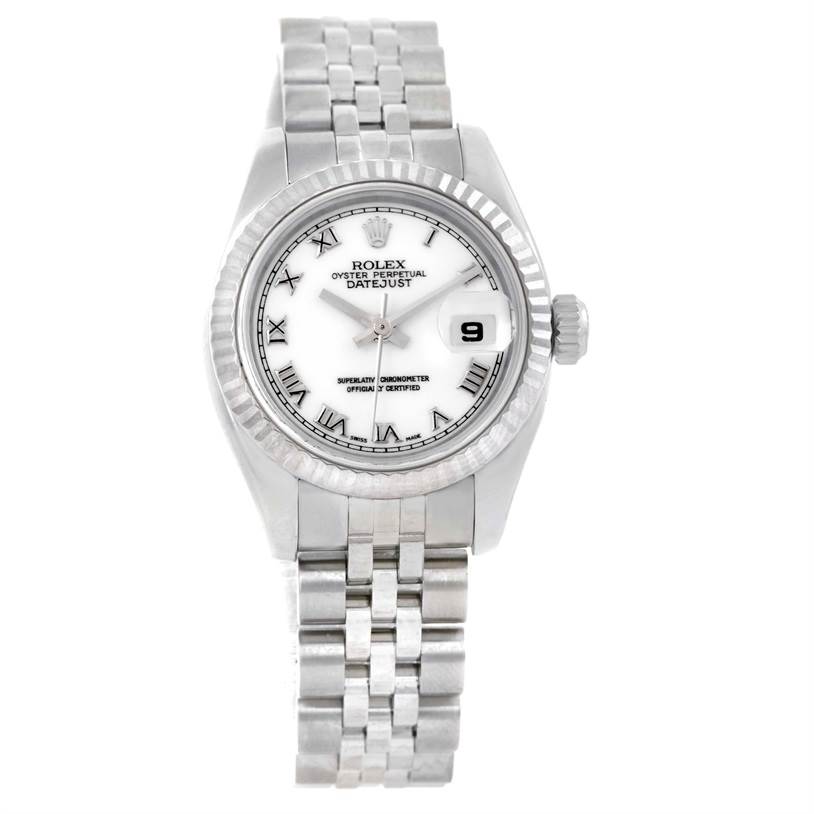 This is a front view of a Rolex Datejust 179174 Women's Stainless Steel White Dial 179174 Women's Stainless Steel White Dial watch highlighting the dial, bezel, and bracelet.