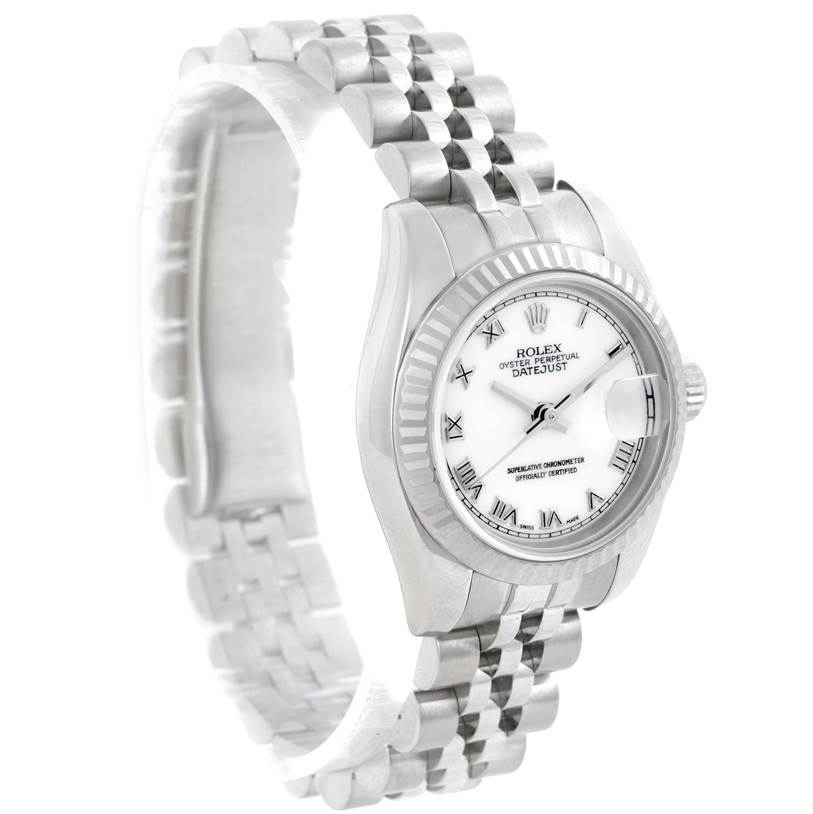 This image shows a Rolex Datejust 179174 Women's Stainless Steel White Dial 179174 Women's Stainless Steel White Dial watch at a slight angle, highlighting its white dial, fluted bezel, and Jubilee bracelet.