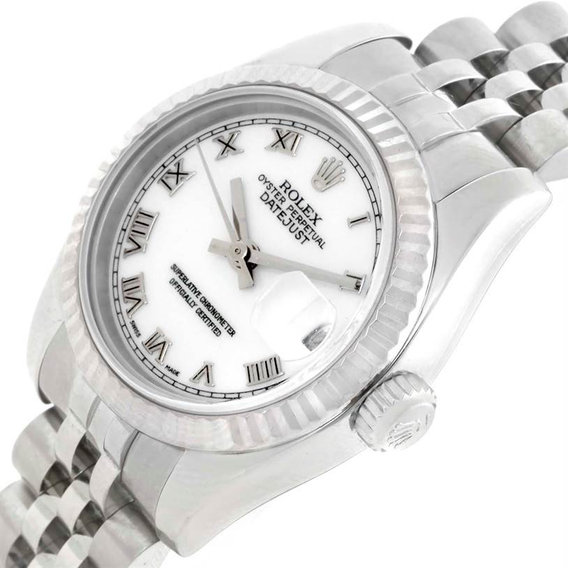 This image shows a Rolex Datejust 179174 Women's Stainless Steel White Dial 179174 Women's Stainless Steel White Dial watch from an angled top view, highlighting the dial, bezel, crown, and part of the bracelet.