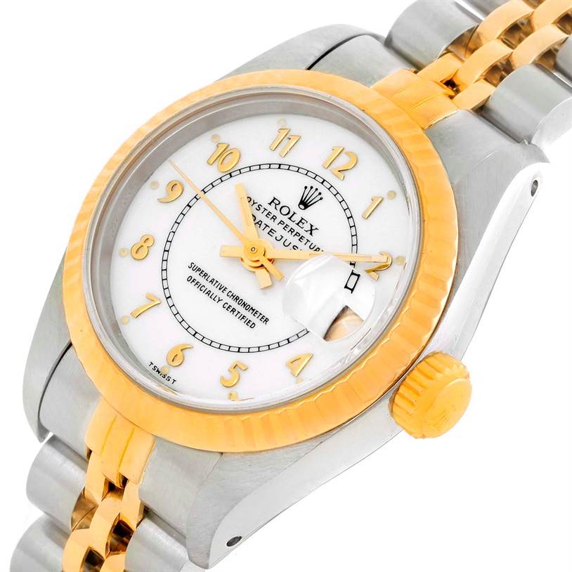 The image shows a Rolex Datejust 69173 Women's Stainless Steel White Dial 69173 Women's Stainless Steel White Dial watch at a slight angle, highlighting the bezel, crown, dial, and part of the bracelet.