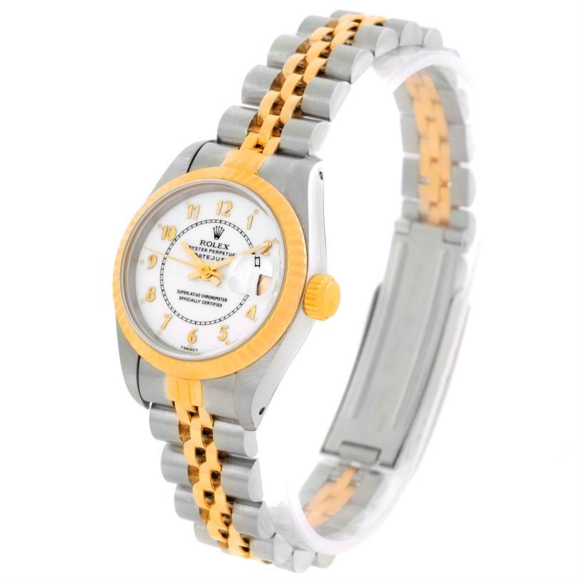 The Rolex Datejust 69173 Women's Stainless Steel White Dial 69173 Women's Stainless Steel White Dial watch is shown at an angled side view, highlighting the dial, crown, and two-tone bracelet.