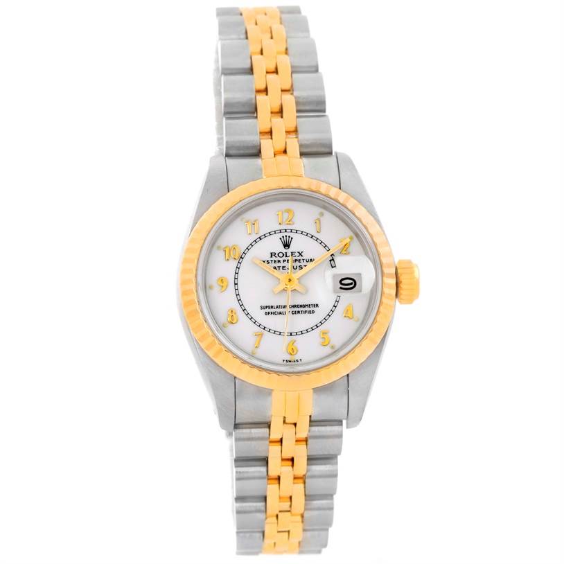 This image shows a frontal view of a Rolex Datejust 69173 Women's Stainless Steel White Dial 69173 Women's Stainless Steel White Dial watch, highlighting the two-tone bracelet, face, bezel, and date window.