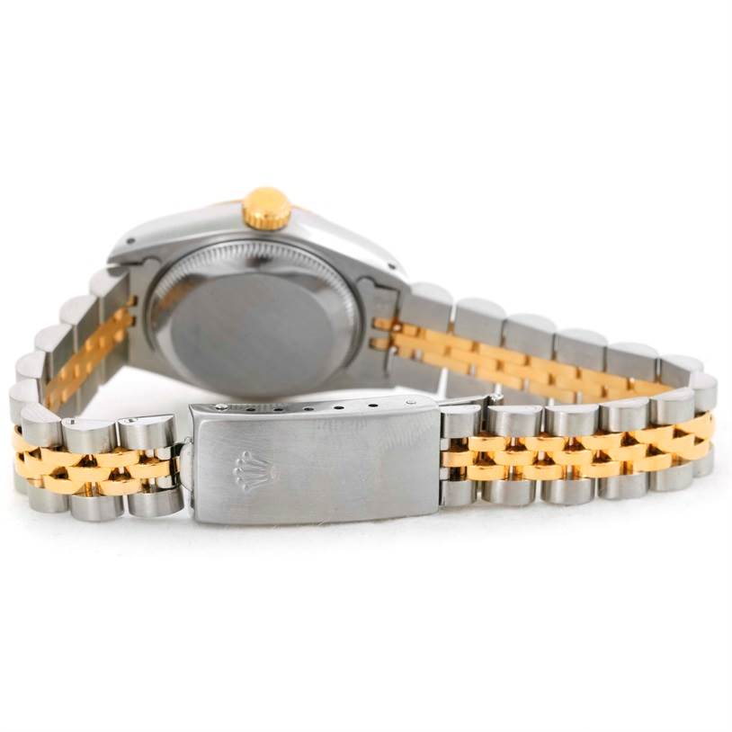 The image shows the back of a Rolex Datejust 69173 Women's Stainless Steel White Dial 69173 Women's Stainless Steel White Dial watch, including the case back, crown, and the two-tone Jubilee bracelet with the clasp.