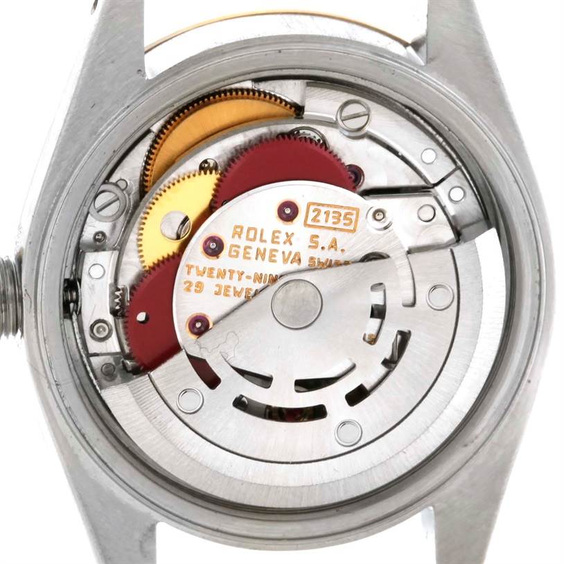 The image shows the inner mechanism and movement parts of a Rolex Datejust 69173 Women's Stainless Steel White Dial 69173 Women's Stainless Steel White Dial watch from the back angle.
