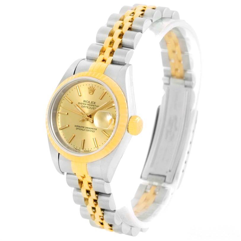 This image shows a Rolex Datejust 69173 Women
s Stainless Steel Champagne Dial 69173 Women
s Stainless Steel Champagne Dial model watch angled from the top left, featuring the dial, bezel, crown, and bracelet.