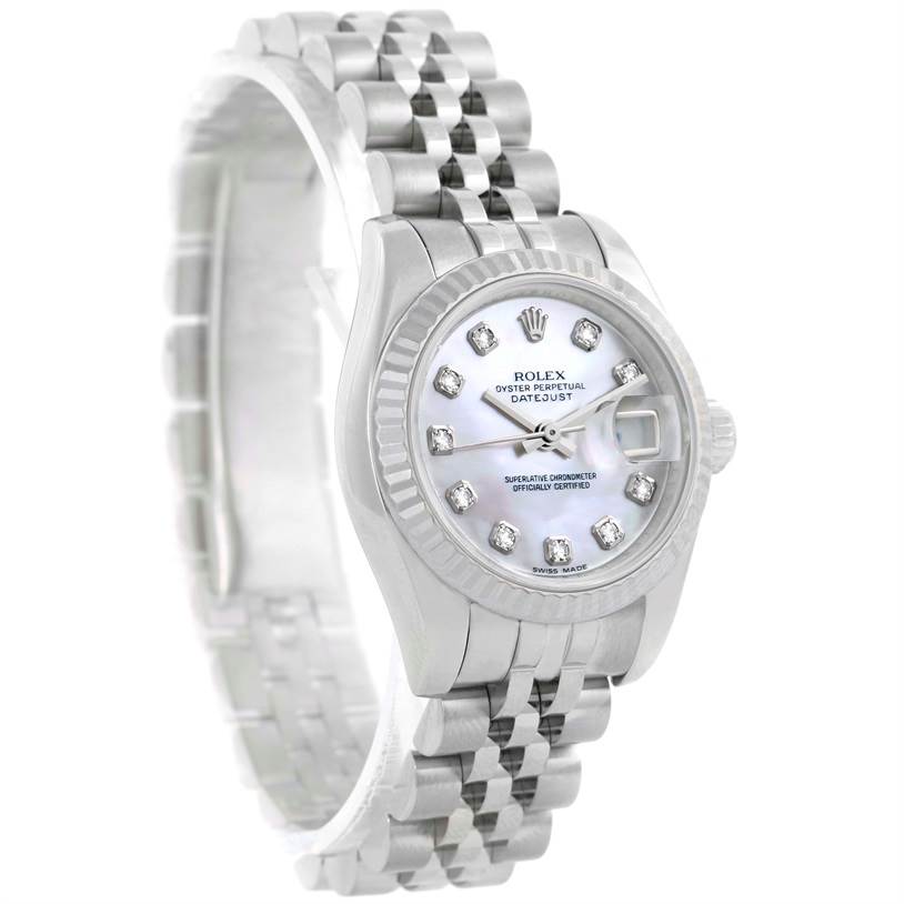 This Rolex Datejust 179174 Women's Stainless Steel Mother of Pearl Dial 179174 Women's Stainless Steel Mother of Pearl Dial watch is shown from a front-angle view, highlighting its face, bezel, and bracelet.