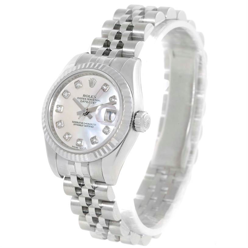 The image shows a Rolex Datejust 179174 Women's Stainless Steel Mother of Pearl Dial 179174 Women's Stainless Steel Mother of Pearl Dial watch angled from the top right, highlighting its dial, bezel, crown, and Jubilee bracelet.