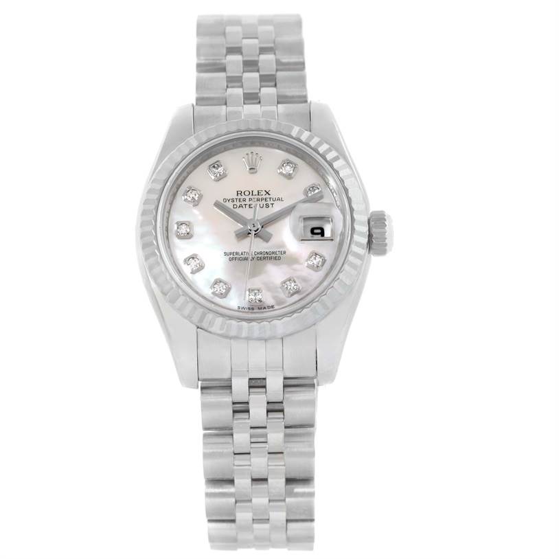 This image shows a Rolex Datejust 179174 Women's Stainless Steel Mother of Pearl Dial 179174 Women's Stainless Steel Mother of Pearl Dial watch from a front angle, displaying the face, bezel, and bracelet.