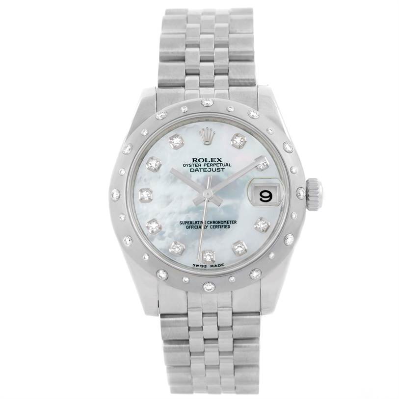 This image shows a frontal view of a Rolex Mid-Size 178344 Women's Stainless Steel Mother of Pearl Dial 178344 Women's Stainless Steel Mother of Pearl Dial Oyster Perpetual Datejust watch, highlighting its dial, bezel, bracelet, and crown.
