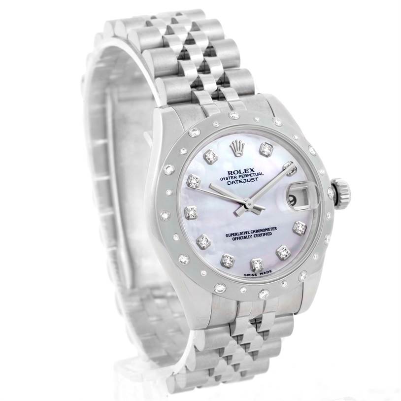 The image shows a Rolex Oyster Perpetual Datejust Mid-Size watch at a 3/4 angle, highlighting the dial, bezel, and bracelet.