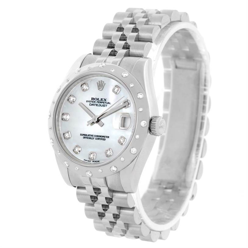 The image shows a Rolex Mid-Size 178344 Women's Stainless Steel Mother of Pearl Dial 178344 Women's Stainless Steel Mother of Pearl Dial Oyster Perpetual Datejust watch from the front-left angle, displaying the face and part of the bracelet.