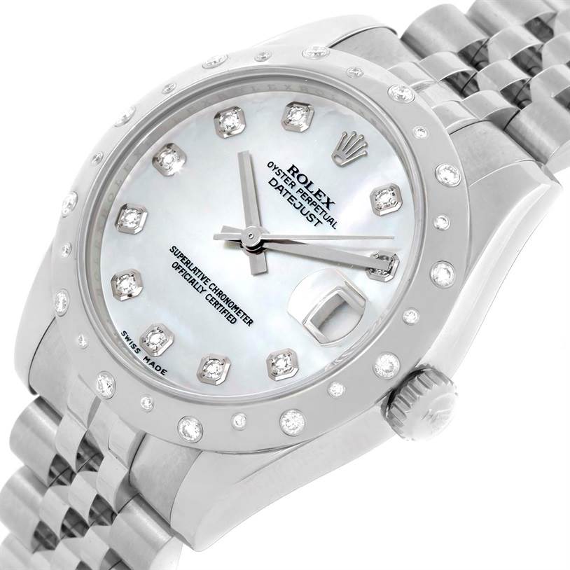 The image shows a close-up, angled view of the face, bezel, and part of the bracelet of a Rolex Mid-Size 178344 Women's Stainless Steel Mother of Pearl Dial 178344 Women's Stainless Steel Mother of Pearl Dial Datejust watch.
