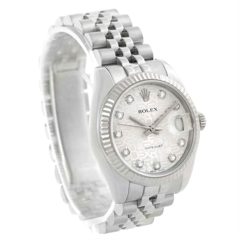 This image shows a Rolex Mid-Size 178274 Women
s Stainless Steel Silver Dial 178274 Women
s Stainless Steel Silver Dial Datejust model from an angled front view, displaying the dial, case, and bracelet.
