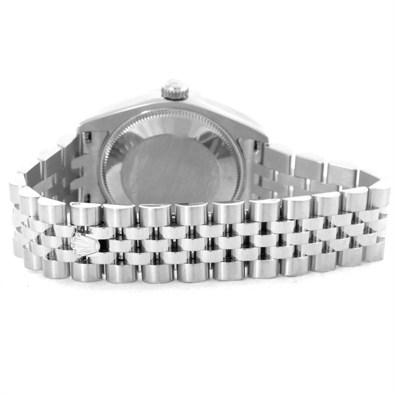 This image shows the back view of a Rolex Mid-Size 178274 Women
s Stainless Steel Silver Dial 178274 Women
s Stainless Steel Silver Dial watch, highlighting its case back and Jubilee bracelet.