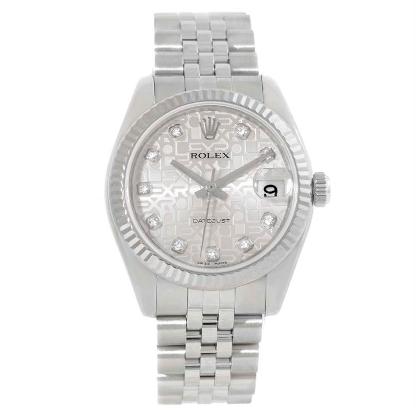 This image shows a front view of the Rolex Mid-Size 178274 Women
s Stainless Steel Silver Dial 178274 Women
s Stainless Steel Silver Dial Datejust watch, highlighting the dial, bezel, crown, and bracelet.