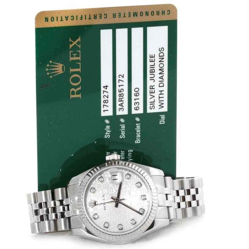 This image shows a front view of a Rolex Mid-Size 178274 Women
s Stainless Steel Silver Dial 178274 Women
s Stainless Steel Silver Dial watch with its identification card, including bracelet and bezel details.