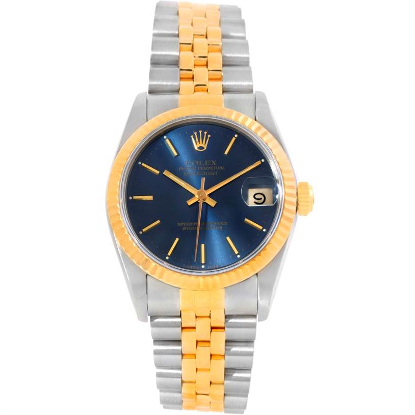 The image shows a front view of a Rolex Mid-Size 68273 Women's Steel and Gold (two tone) Blue Dial 68273 Women's Steel and Gold (two tone) Blue Dial watch featuring a blue dial, gold bezel, and two-tone metal bracelet.