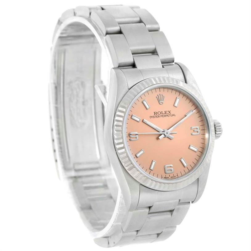 The image shows a Rolex Mid-Size 67514 Women's Stainless Steel Pink Dial 67514 Women's Stainless Steel Pink Dial Oyster Perpetual watch at a three-quarter angle, highlighting the bracelet, casing, and dial.