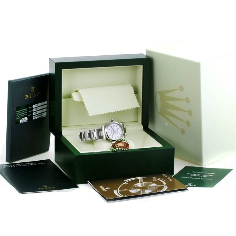 The image shows a Mid-Size Rolex watch with its box, warranty card, booklet, and tag.
