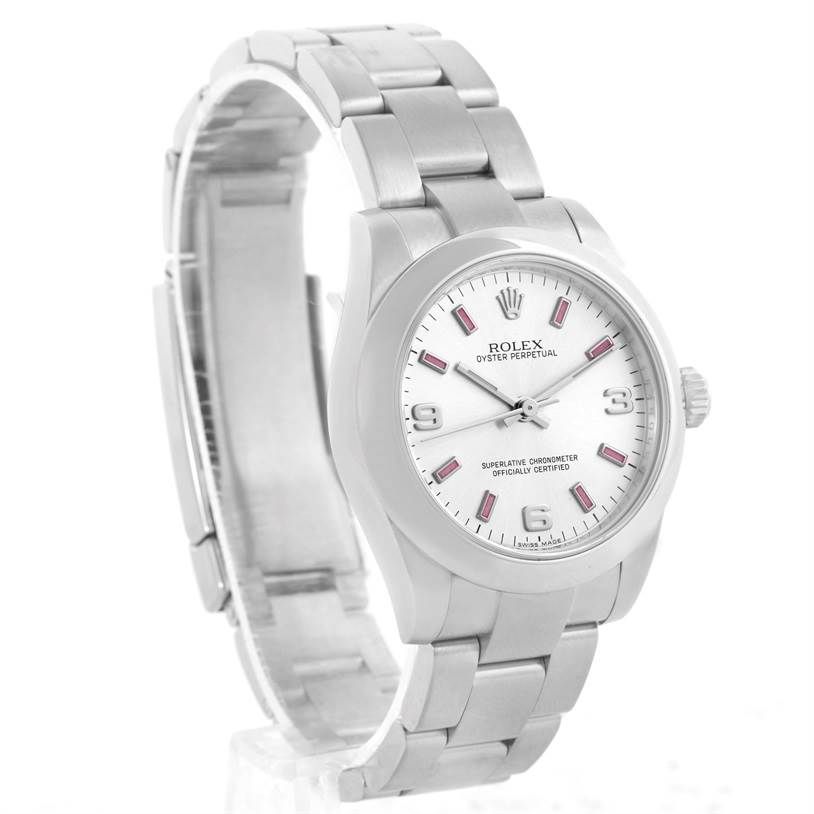 The image shows a Rolex Mid-Size 177200 Women's Stainless Steel Silver Dial 177200 Women's Stainless Steel Silver Dial Oyster Perpetual watch from a three-quarter side angle featuring the face and bracelet.