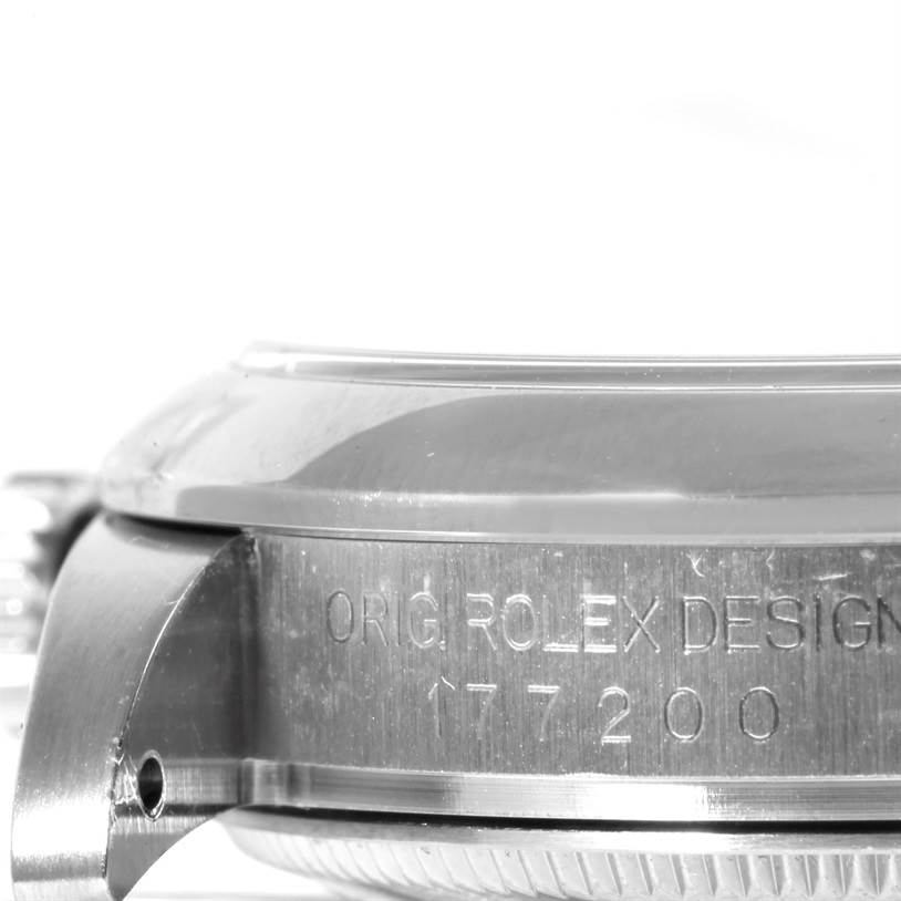 The image shows a side view of the case of a Mid-Size Rolex watch, displaying the engraving "ORIG ROLEX DESIGN 177200".