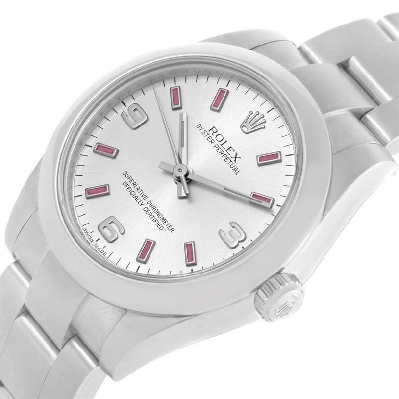 The image shows the Rolex Mid-Size 177200 Women's Stainless Steel Silver Dial 177200 Women's Stainless Steel Silver Dial model watch at an angled close-up, displaying the dial, bezel, bracelet, and crown.