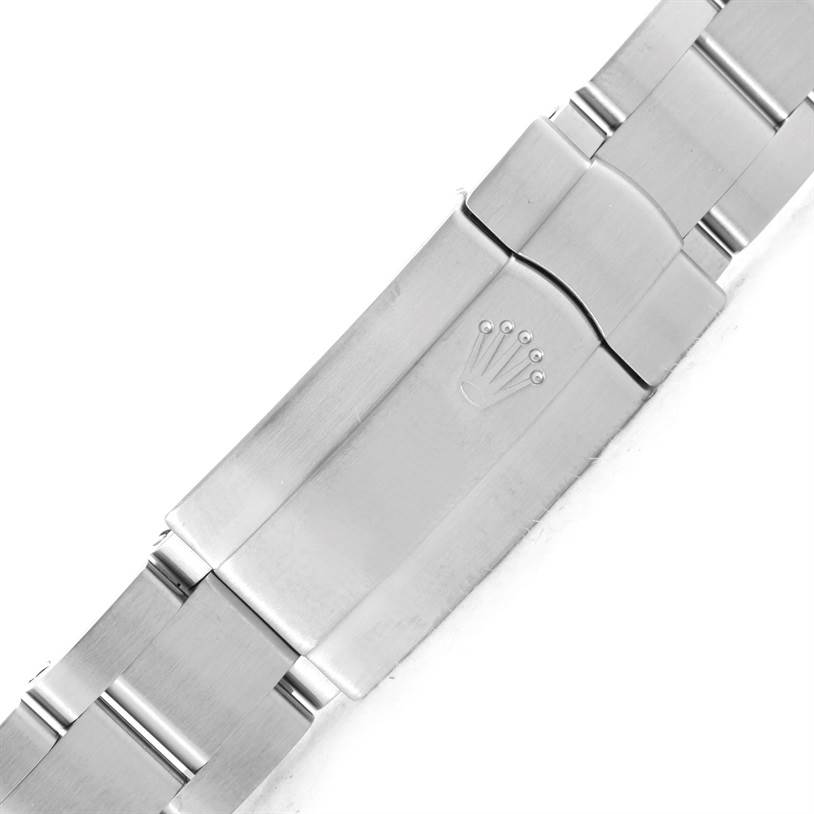 This image shows the clasp and a section of the bracelet of a Rolex Mid-Size 177200 Women's Stainless Steel Pink Dial 177200 Women's Stainless Steel Pink Dial model watch from a top-down angle.