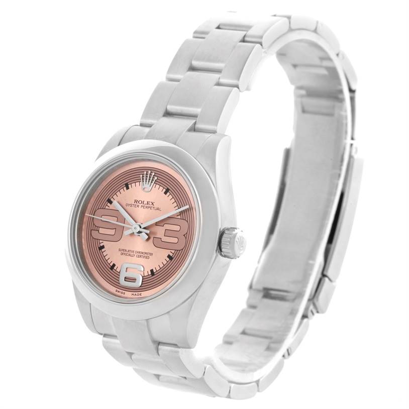The image shows a Rolex Mid-Size 177200 Women's Stainless Steel Pink Dial 177200 Women's Stainless Steel Pink Dial model watch, angled to display the face, crown, and metal bracelet.