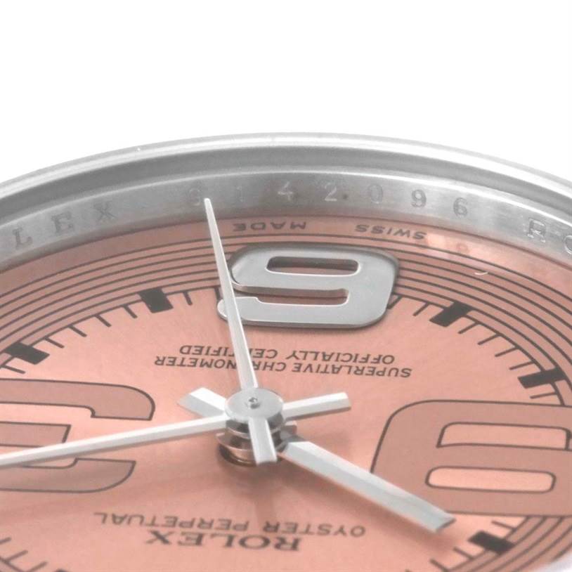 This close-up angle shows the dial and hands of the Rolex Mid-Size 177200 Women's Stainless Steel Pink Dial 177200 Women's Stainless Steel Pink Dial model watch, highlighting the 9 o'clock marker.