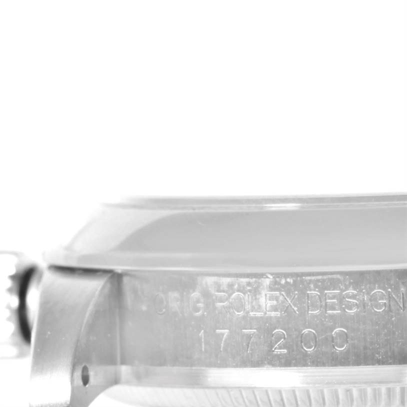 This image shows a side view of the case back and part of the bracelet attachment of a Rolex Mid-Size 177200 Women's Stainless Steel Pink Dial 177200 Women's Stainless Steel Pink Dial model watch, displaying its design and model number.