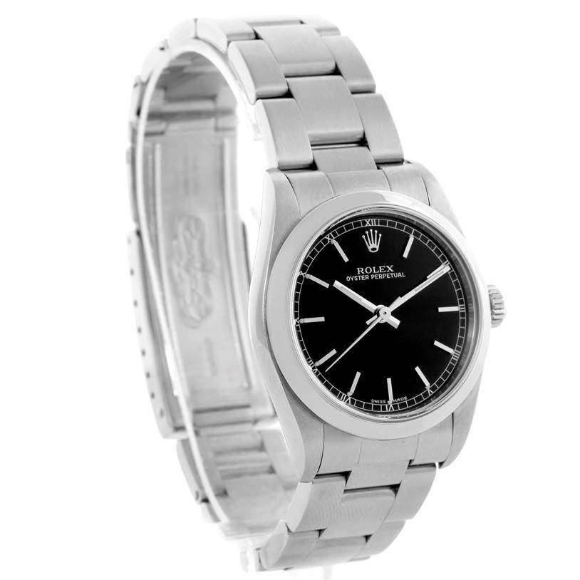 The Rolex Mid-Size 77080 Women's Stainless Steel Black Dial 77080 Women's Stainless Steel Black Dial model watch is shown at a slight angle, displaying the face, bezel, and metal bracelet.