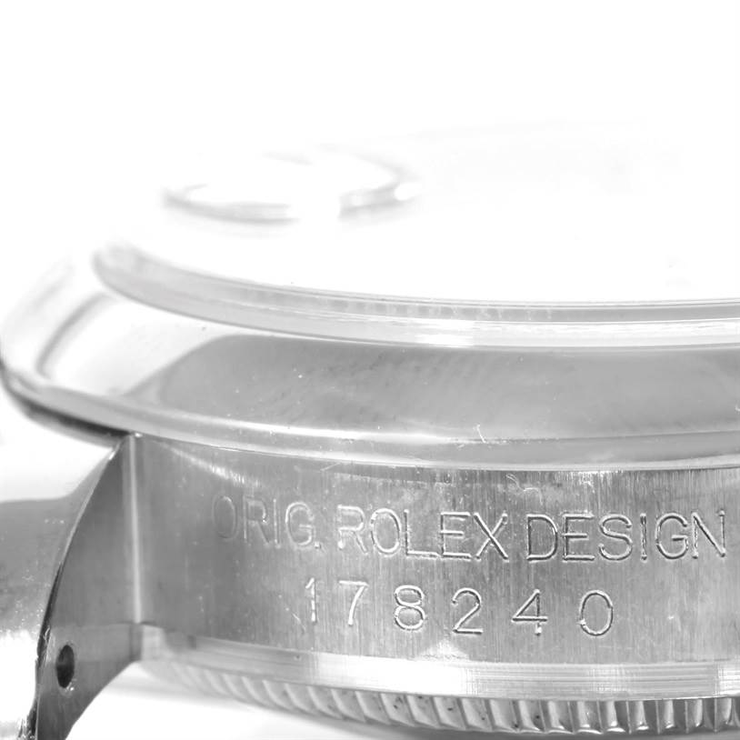 The image shows a close-up side view of a Rolex Mid-Size 178240 Women's Stainless Steel Pink Dial 178240 Women's Stainless Steel Pink Dial model, focusing on the case with the design number "178240" engraved.