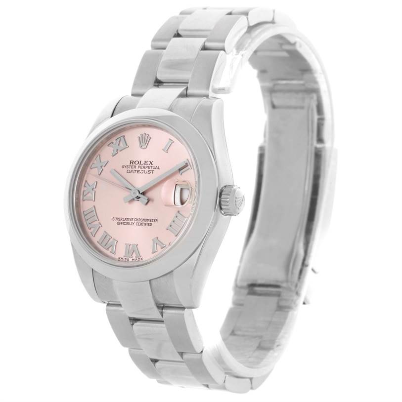 The image shows a Rolex Oyster Perpetual Datejust Mid-Size watch at a three-quarter angle, displaying the face and part of the bracelet.